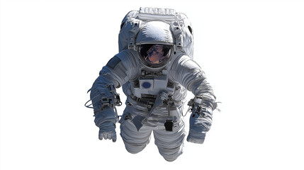 An astronaut in full spacesuit isolated on a clean white background, highlighting details and gear.
