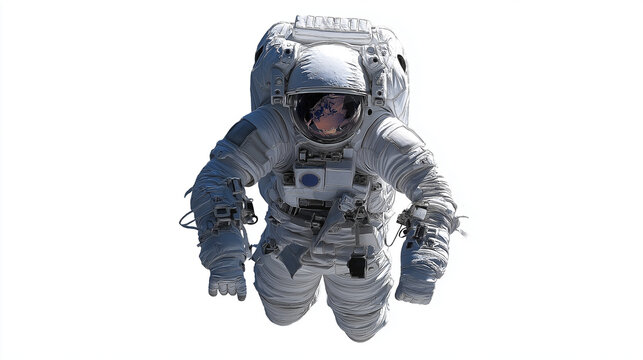 An astronaut in full spacesuit isolated on a clean white background, highlighting details and gear.
