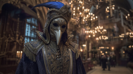 Halloween masked ball in gothic castle hall