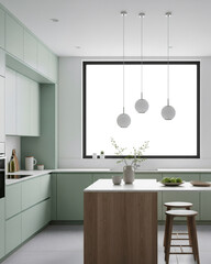 Mint Green Minimalist Kitchen with Natural Wood Island