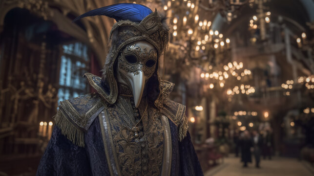 Halloween masked ball in gothic castle hall