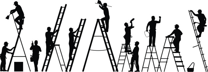 Silhouette of workers climbing ladders, performing tasks, construction site, teamwork, maintenance, safety gear, industrial labor, professional workers, ladder use, black and white vector