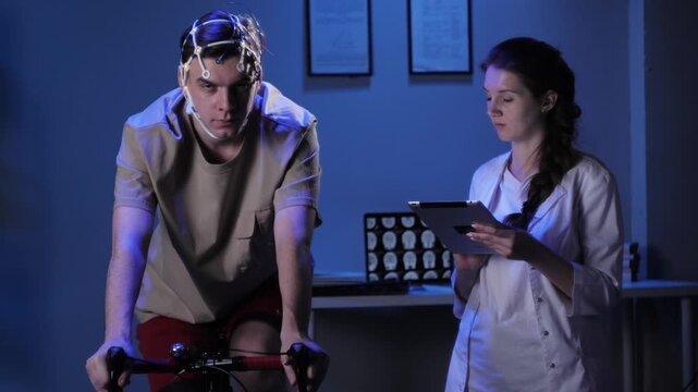 EEG topographer for examining brain, doctor making electrogram of scalp activity. Researching of brain work, man riding bicycle in electroencephalography headset. Rehabilitation after damage in sport.