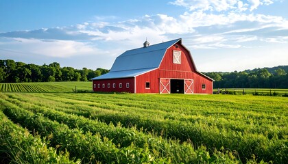 Red Barn with Green Field, and Summer Sunset.