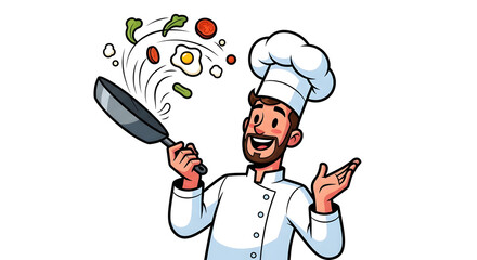 Professional smiling chef character mascot tossing fresh ingredients in a frying pan. Culinary arts and gourmet cooking concept isolated on white