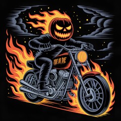 Pumpkin Head Biker on Fire - Halloween Motorcycle Illustration