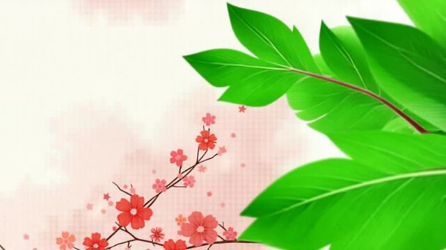 Red flowers and green sakura leaves transparent background