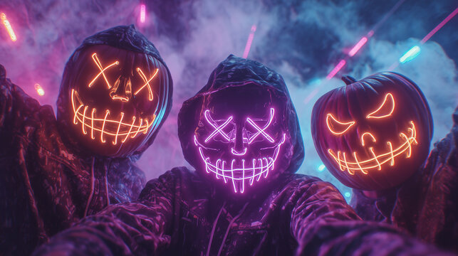 Halloween party with friends in costumes dancing with neon lights and smoke keywords: halloween, party, friends, costumes, dancing, neon, smoke, spooky, festive, autumn, october, f