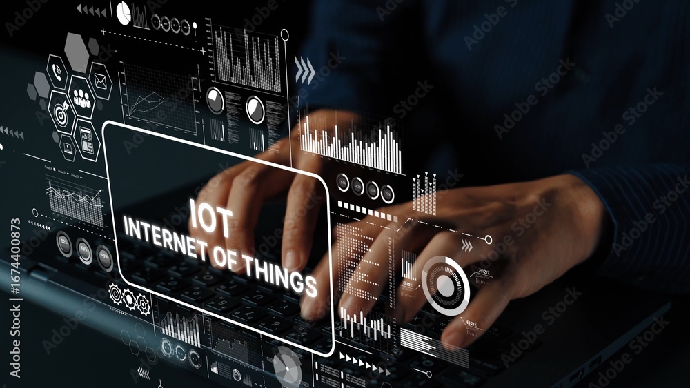 Aufkleber hands typing on laptop with digital interface representing internet of things and data visualization