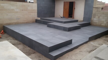 Modern Dark Grey Tile Patio Steps Construction