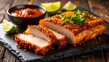 Crispy Fried Chicken Breast with Spicy Tomato Sauce and Lime.