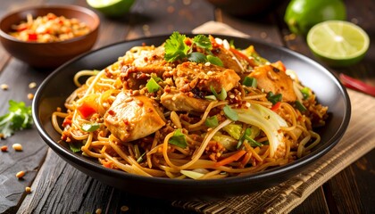 Delicious Asian Noodles with Chicken, Lime, and Herbs on Table.
