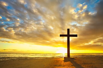 Wooden Cross Back Light Sunset Beach