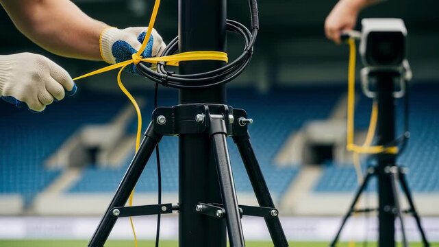 Focused frame of a VAR camera pole installation spotlighting safety measures like securing cables and stabilizing supports.