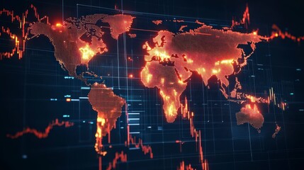 Glowing world map with dynamic data streams and stock market charts.