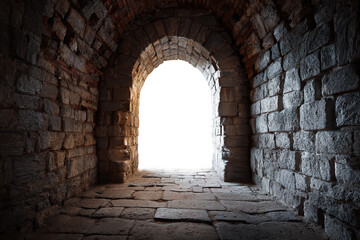 ancient stone tunnel with arched exit made of massive masonry, isolated image of medieval architecture on transparent background