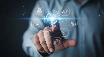 Person touching a glowing digital interface with icons representing ideas and connections