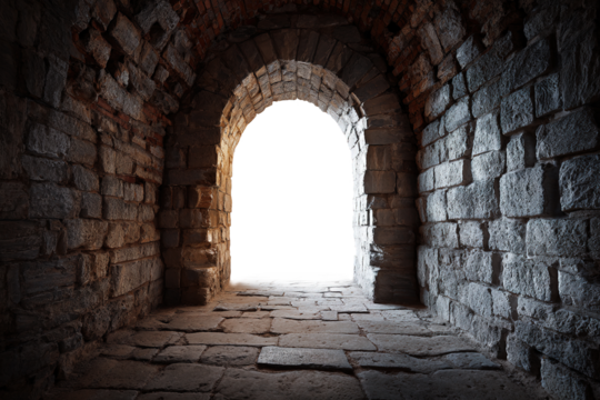ancient stone tunnel with arched exit made of massive masonry, isolated image of medieval architecture on transparent background