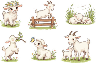 Cute baby goats and lambs, cartoon farm animals, spring meadow illustration, playful kids, family love, nature design, flat vector artwork