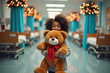 A young black girl stands in the middle of a hospital ward holding a big plush teddy bear. The room is filled with Christmas garlands and colorful lights