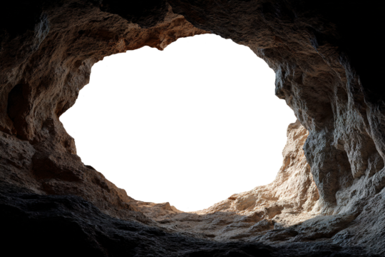 natural rocky cave opening with view to transparent background, textured stone walls and organic entrance shape