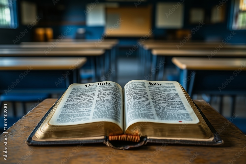 Poster Open Bible Resting on a Wooden Desk in an Empty Classroom With Desks Arranged in Neat Rows