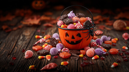 Halloween candy assortment spilling from orange bucket with spider decorations keywords: halloween, candy, sweets, assortment, bucket, orange, spider, festive, autumn, october, spo