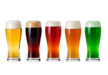 Five different types of beer in glasses, showcasing various colors and styles, set in a clean studio shot. Isolated on transparent background