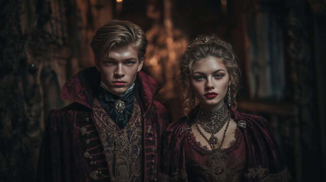 Young couple in vampire costumes posing in gothic castle interior keywords: halloween, vampire, couple, gothic, castle, costumes, spooky, autumn, october, festive, scary, horror, c