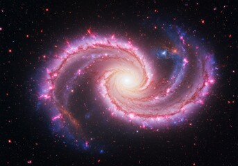 Spiral Galaxy with Bright Center and Pink and Blue Nebulae in Deep Space