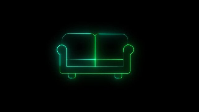 Glowing neon couch icon isolated on black background. Video motion graphic animation,Glowing neon sofa icon isolated with 4k video animation .