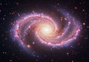 Spiral Galaxy with Bright Center and Pink Highlights in Deep Space