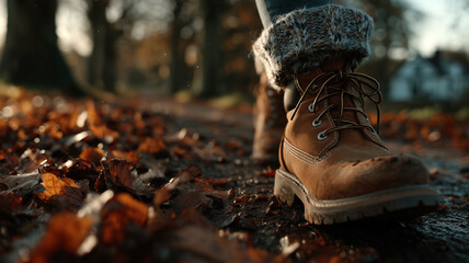 hiking boots in autumn forest