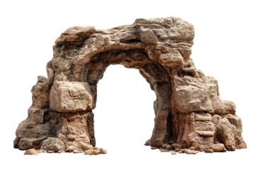 natural rock arch made of massive stone boulders, isolated image of geological formation on transparent background