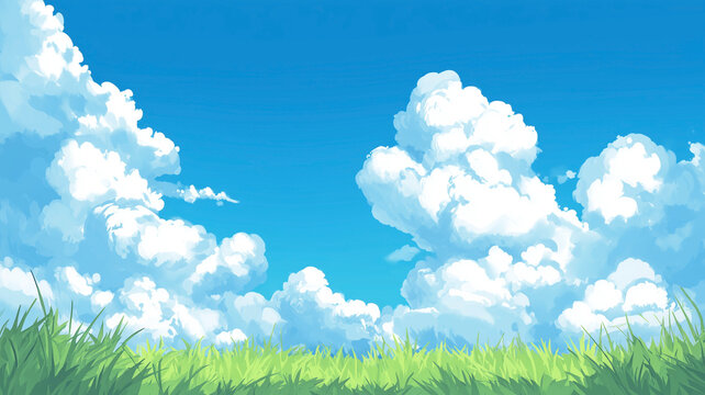 Cartoon-style background with blue sky and green grass at the bottom, fresh and bright color scheme creating a simple and relaxing game scene.