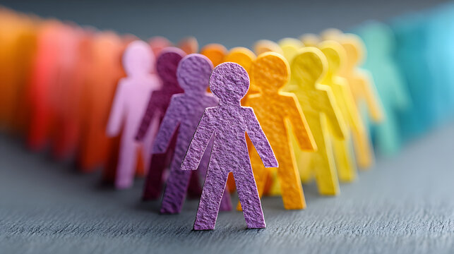 Colorful cutout figures standing in line to represent unity and teamwork 