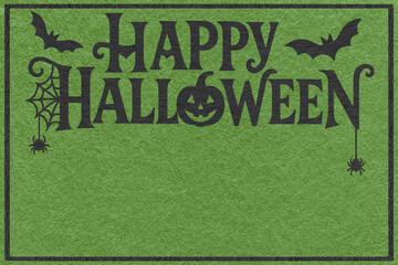 Green Halloween banner with bats, spiders web and jack o lantern black silhouettes on paper...