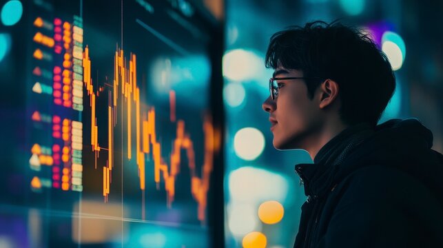 Young man reviewing financial data on a large screen at night. - Powered by Adobe