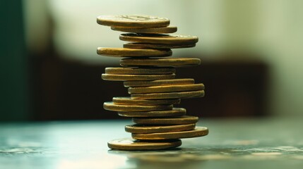 A precarious stack of gold coins on a dark surface.