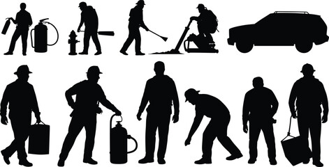 Obraz premium Silhouettes of pest control workers, fumigation specialists using equipment, fire extinguisher, pest removal, safety gear, professional exterminators, outdoor work, spraying, pest management