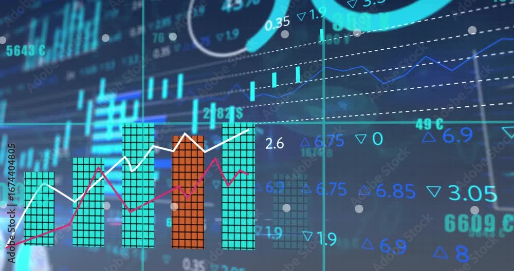 Poster vertical line appearing causing bars forming columns while graphs climbing displaying finance data