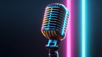 Retro microphone illuminated by vibrant neon lighting, creating a stylish, nostalgic atmosphere perfect for music, performance, and creative visuals.