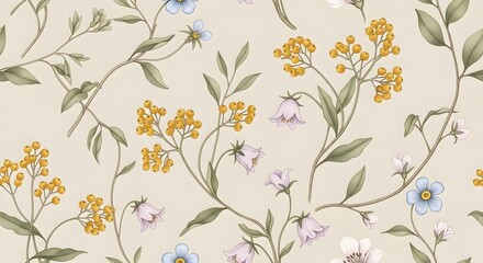 Delicate floral seamless pattern with small yellow and blue flowers and green leaves on a light beige background, vintage botanical illustration, romantic garden motif