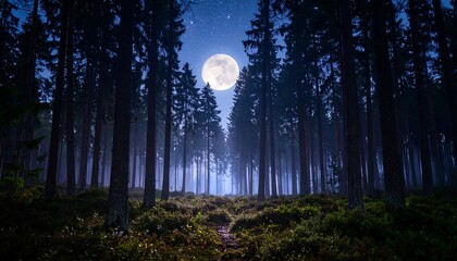 Moonlit Forest Path with Night Scene.