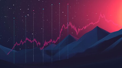 Abstract mountain range with a rising pink line graph overlaid on a dark red and blue night sky background, representing growth and success.