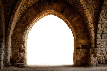 Naklejka premium ancient stone arch of medieval architecture with view to transparent background, historical building with gothic elements