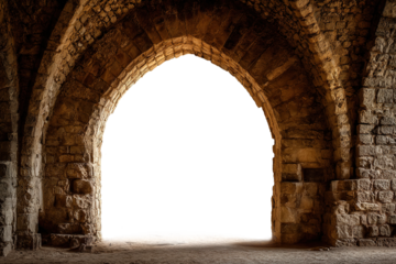 ancient stone arch of medieval architecture with view to transparent background, historical building with gothic elements