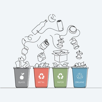 Sorting waste into recycling bins illustrates environmental awareness. Sorting waste properly, showing glass, metal, paper, and organic materials in color coded containers,