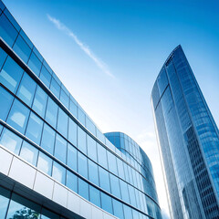 Modern glass skyscrapers under a blue sky