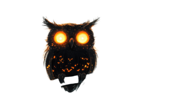 Cute spooky owl with glowing eye on transparent background, png